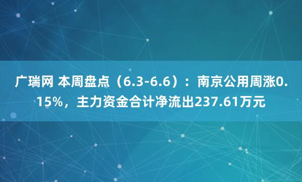 广瑞网 本周盘点（6.3-6.6）：南京公用周涨0.15%，主力资金合计净流出237.61万元